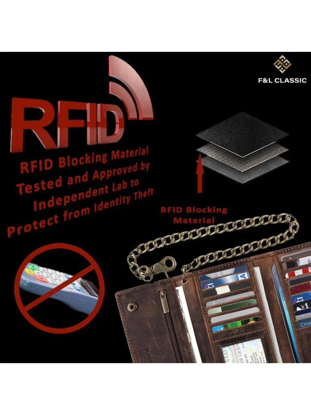 Classic RFID Blocking Men's Tri-Fold Leather Wallet with Steel Chain - Vintage